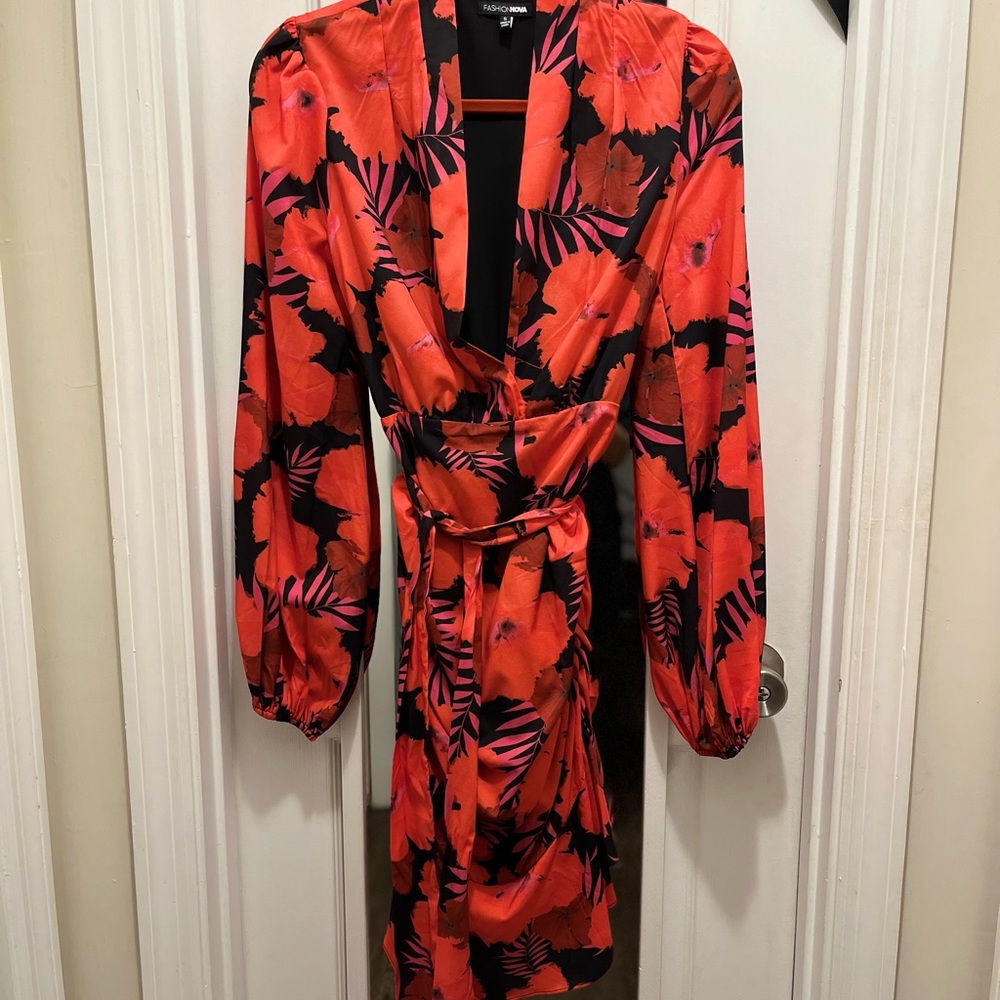 FashionNova red floral dress.